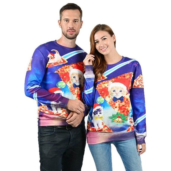 Space Cat Flying Pizza Ugly Christmas Sweater - Picture 1 of 9